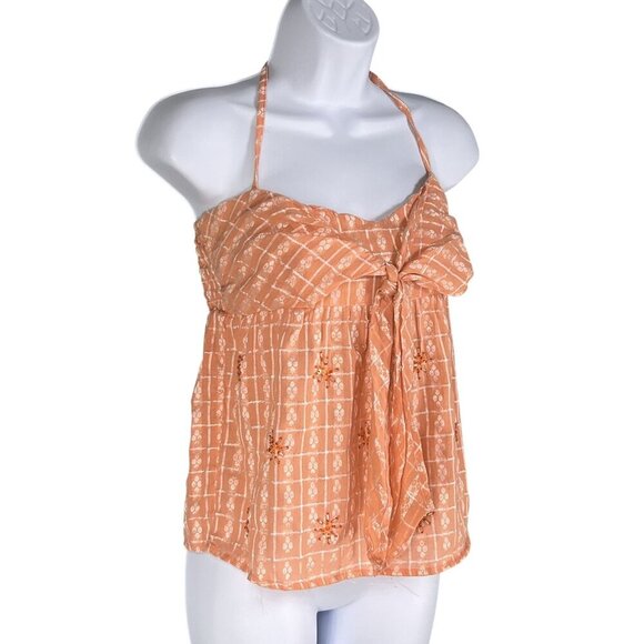 Wet Seal Vintage Womens M Y2K Babydoll Cami Halter Top Peach Floral Embellished - Picture 6 of 15